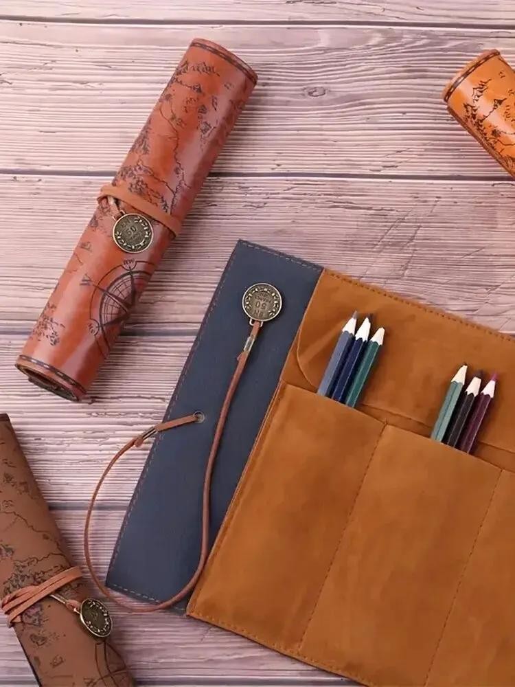 1pc Creative Treasure Map Retro Pencil Case Leather Large Capacity Roll Pencil B