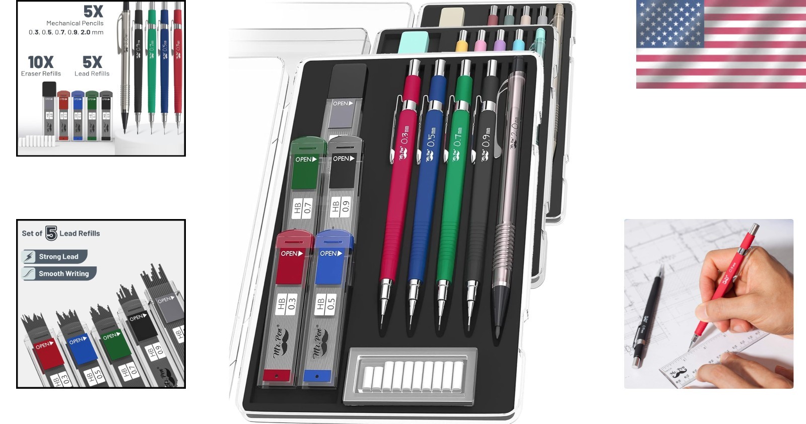 Versatile 5-Piece Mechanical Pencil Set with Soft Grip for Fatigue-Free Writing