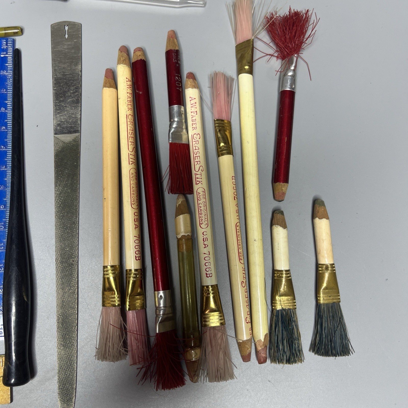 Lot of Vintage Drawing Art Leads Brushes Berol Faber Falcon Ruler Scripto Diana