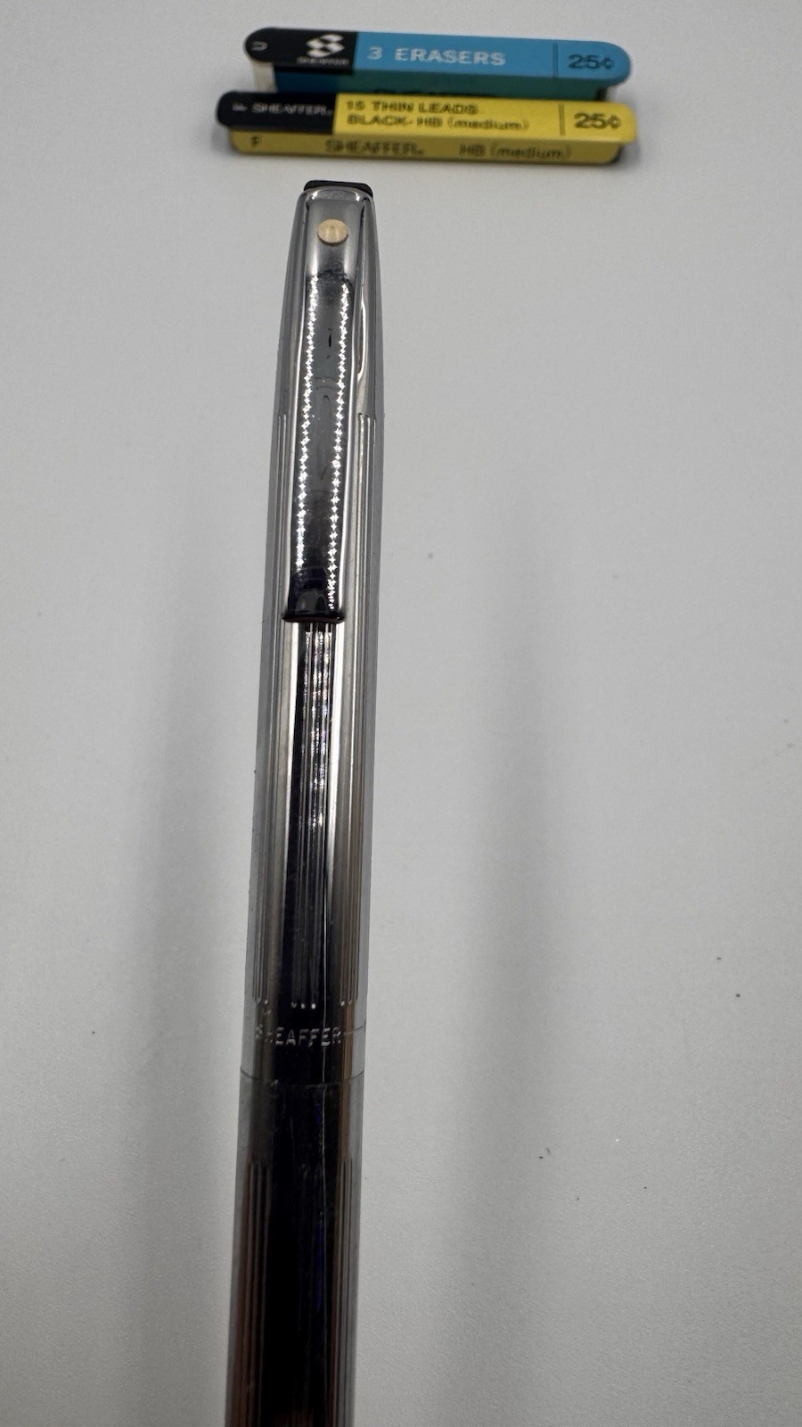 VTG Sheaffer Mechanical Pencil Ribbed Chrome White Dot W/Erasers & Lead Refills