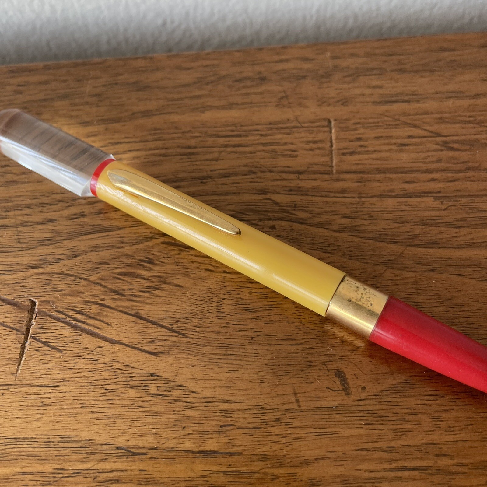 Vintage Mechanical Pencil Yellow & Red Plastic, Clear Lucite, Eraser, 6-1/4″ MCM