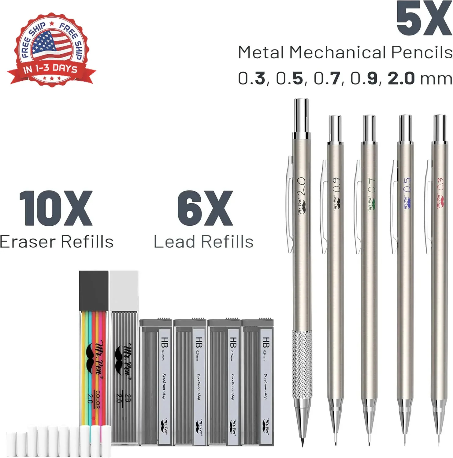 Mr. Pen- Metal Mechanical Pencil Set with Lead and Eraser Refills, 5 Sizes, 0.3,