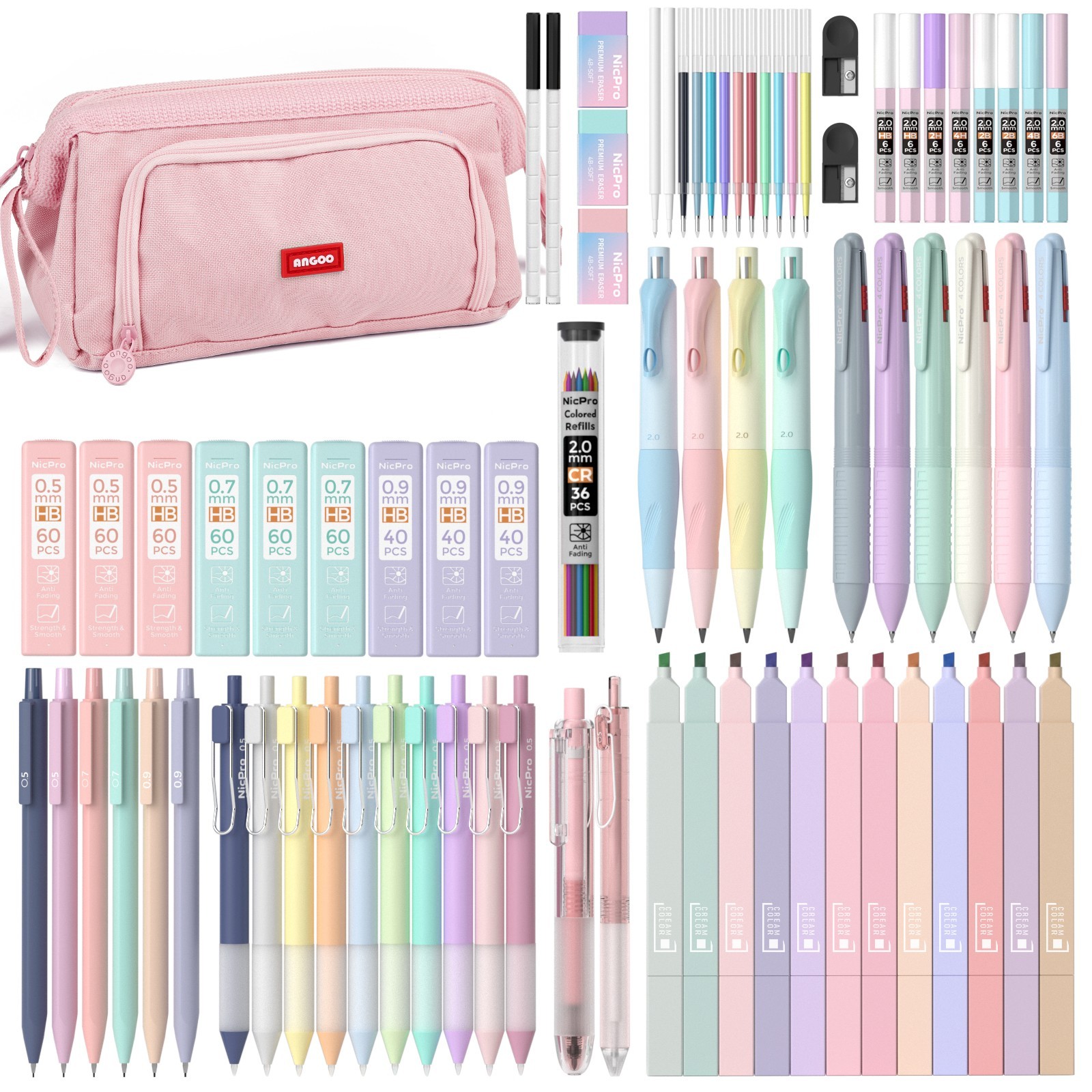 Nicpro 78PCS Aesthetic School Set: 12 Highlighters, 24 Pens, 10 Pencils, Case