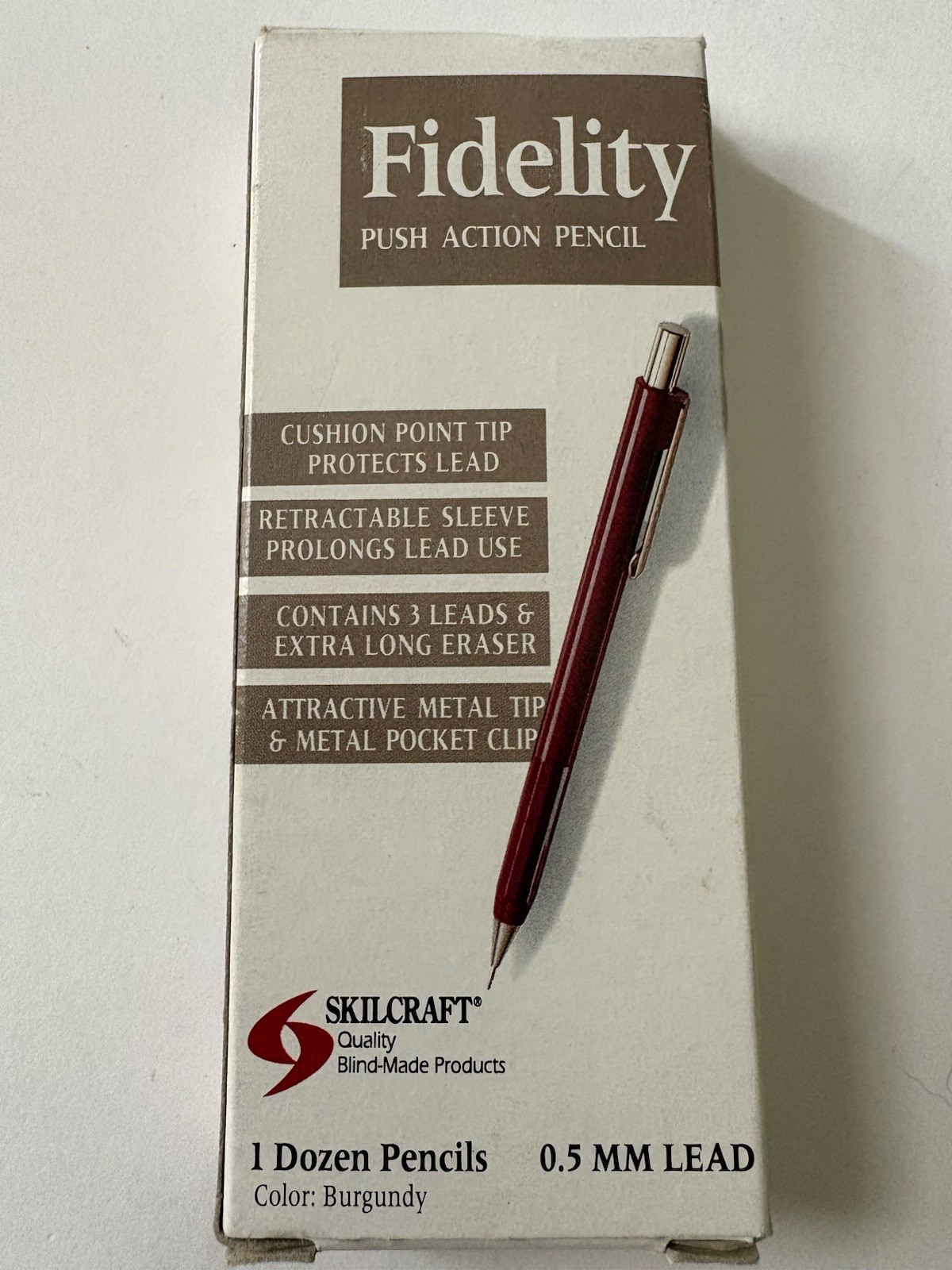 Box Unused 12 Fidelity SKILCRAFT BURGUNDY Mechanical Pencils 0.5 mm Push Action