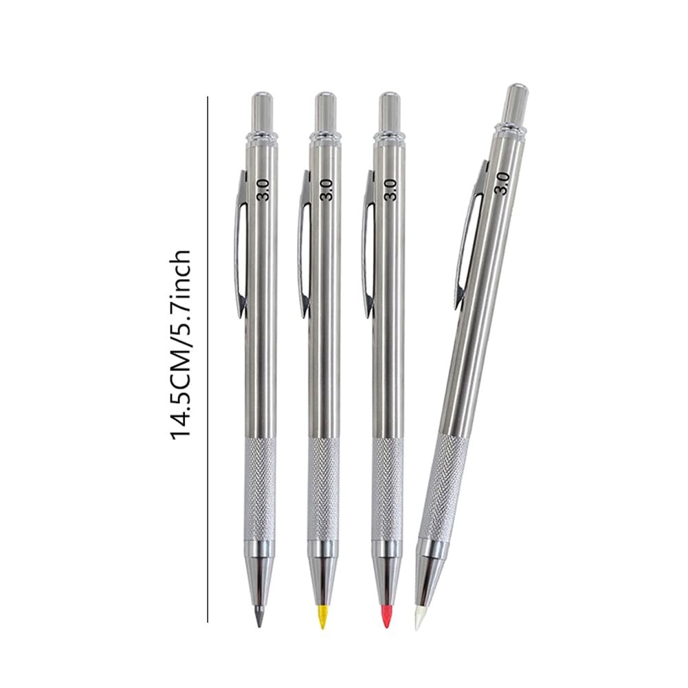 Solid Mechanical Carpenter Pencils Set 3.0mm Silver 2 Pencils 2 Box Lead