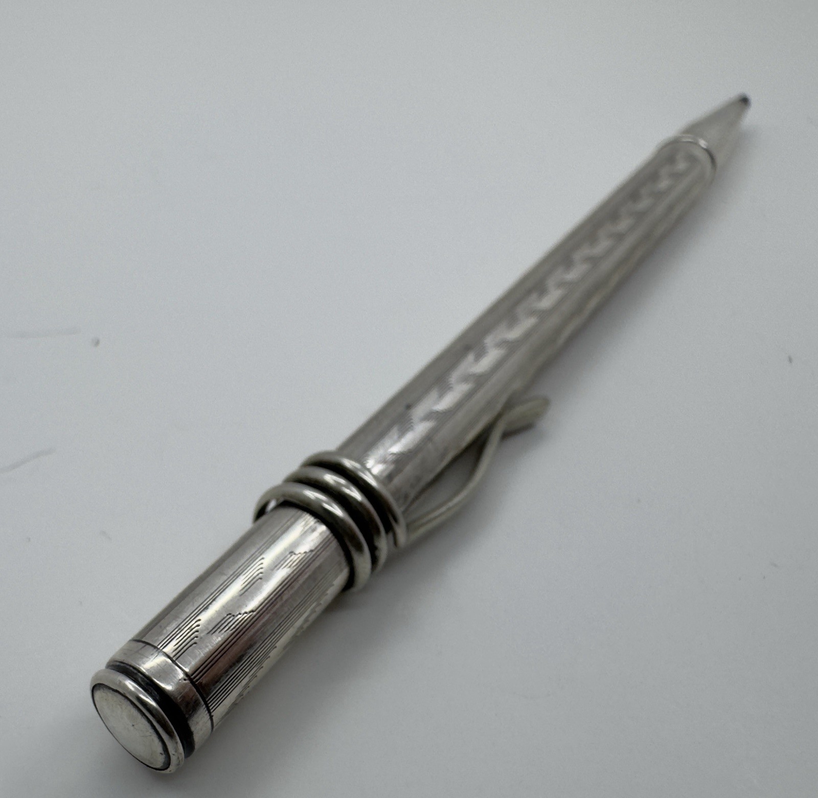 Unmarked Sterling Silver Engine Turned Mechanical Pencil w/ Coil Clip – Working