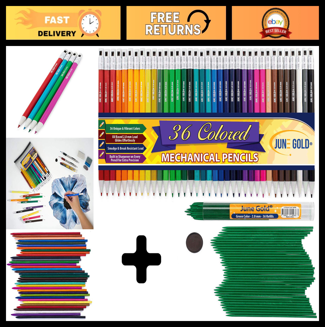 36 Green Lead Refills & 36 Assorted 2.0mm Mechanical Pencils – 36 Unique Colors