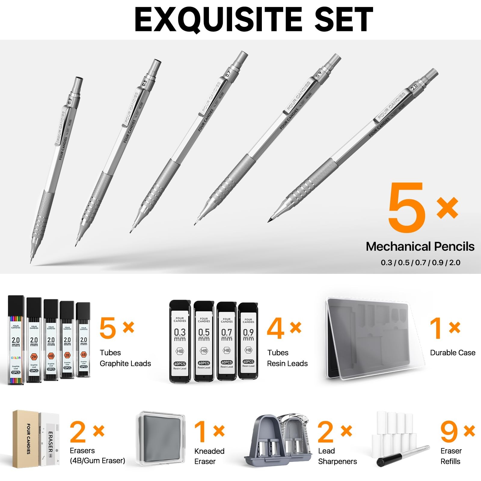 Metal Mechanical Pencil Set, 4PCS 0.3, 0.5, 0.7, 0.9MM Mechanical Pencils & 2…