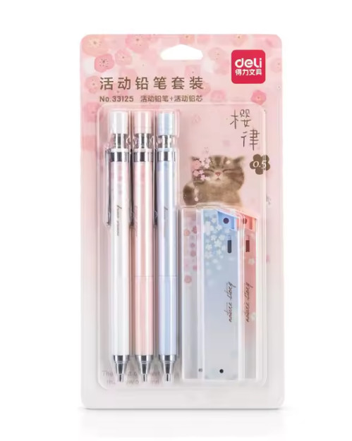 DELI Mechanical Pencil Set With HB Lead Replacement Retractable Refill Students