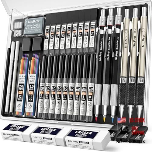 35PCS Art Mechanical Pencil Set, 3 PCS Metal Drafting Black 0.5 0.7 0.9 2.0