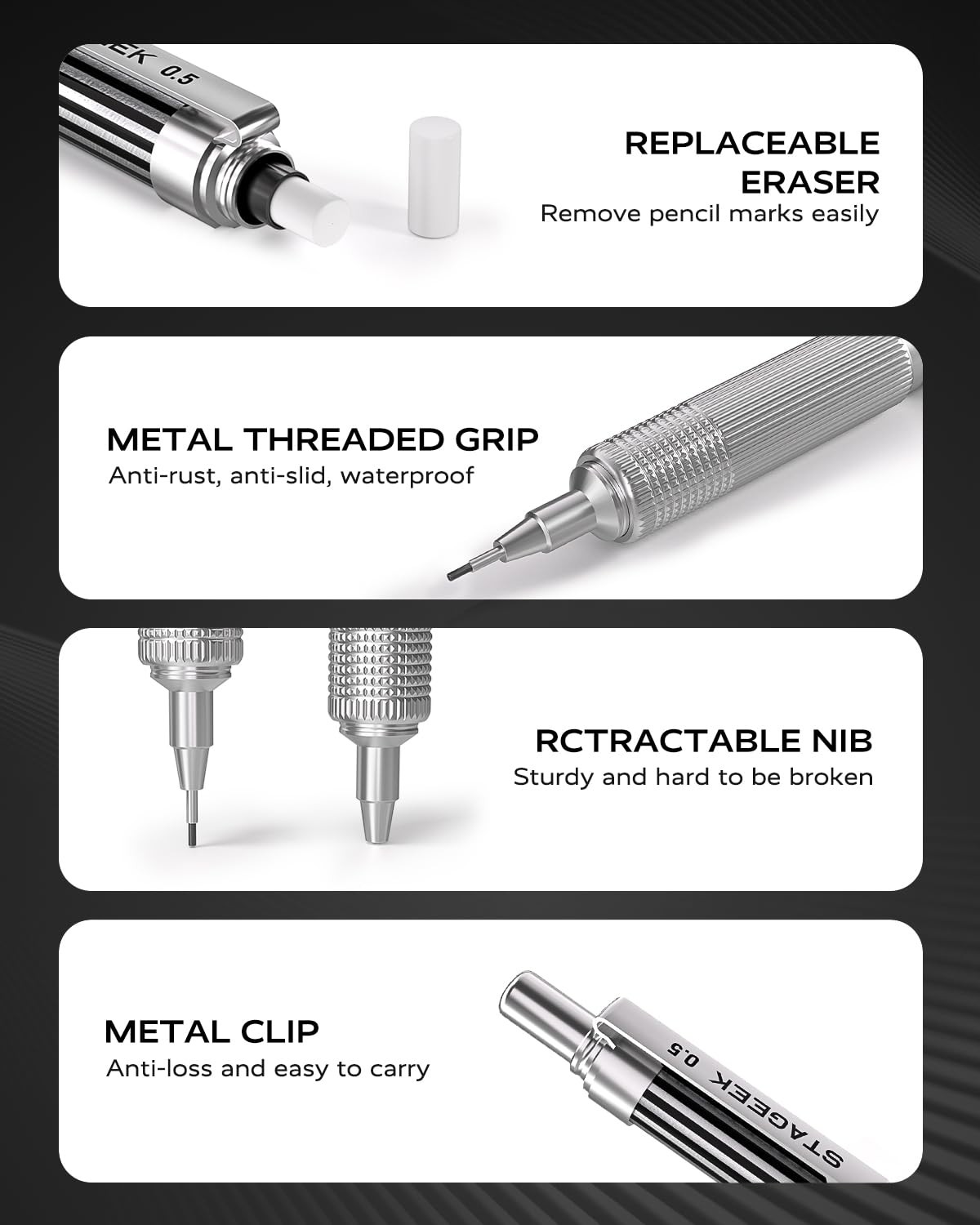 0.5mm Metal Mechanical Pencil 1Pcs 120Pcs HB Lead Refills 4B Erasers Silver
