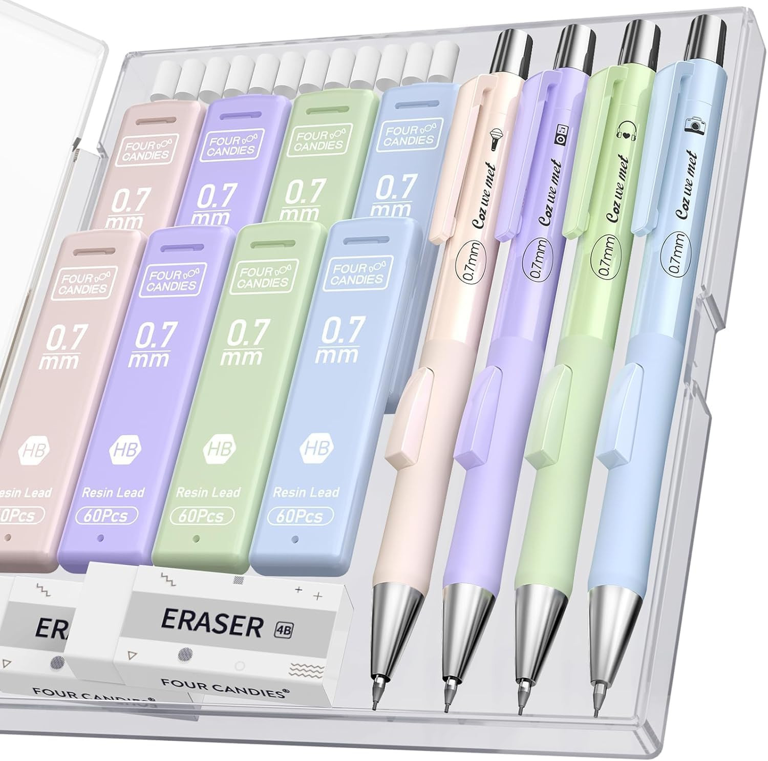 Cute Mechanical Pencil with , 4PCS 0.7Mm Pastel Fast Click Aesthetic Mechanical