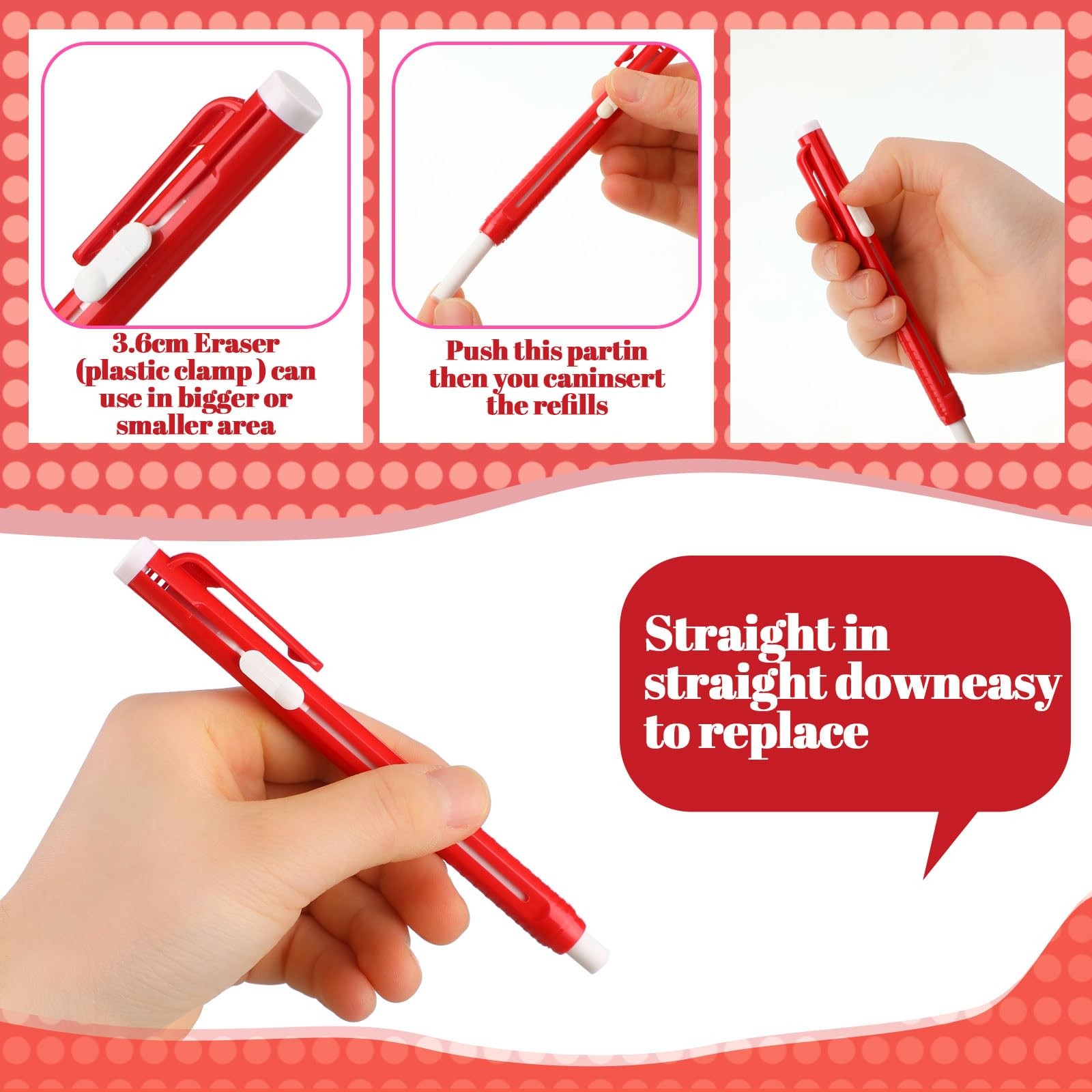 Retractable Mechanical Eraser Pen Stick Refill Painting Writing Red 12 PCS