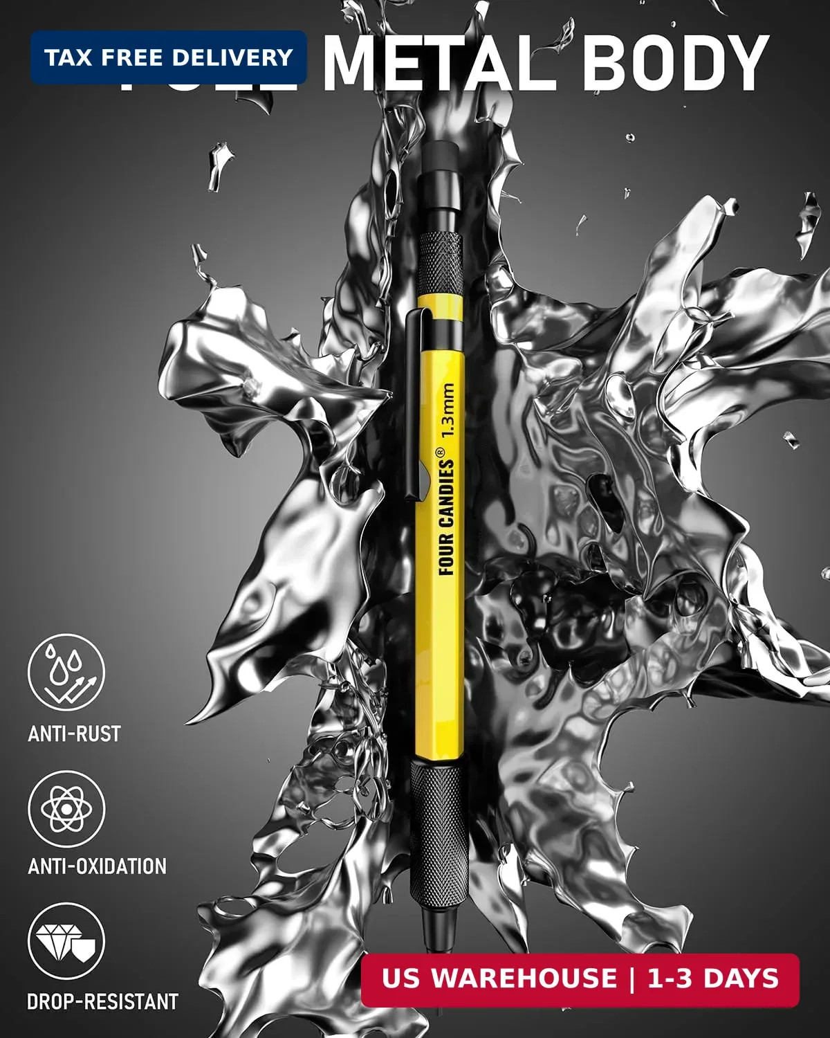Four Candies 1.3mm Mechanical Pencil Set with 72 Lead Refills, 3PCS Metal Weathe