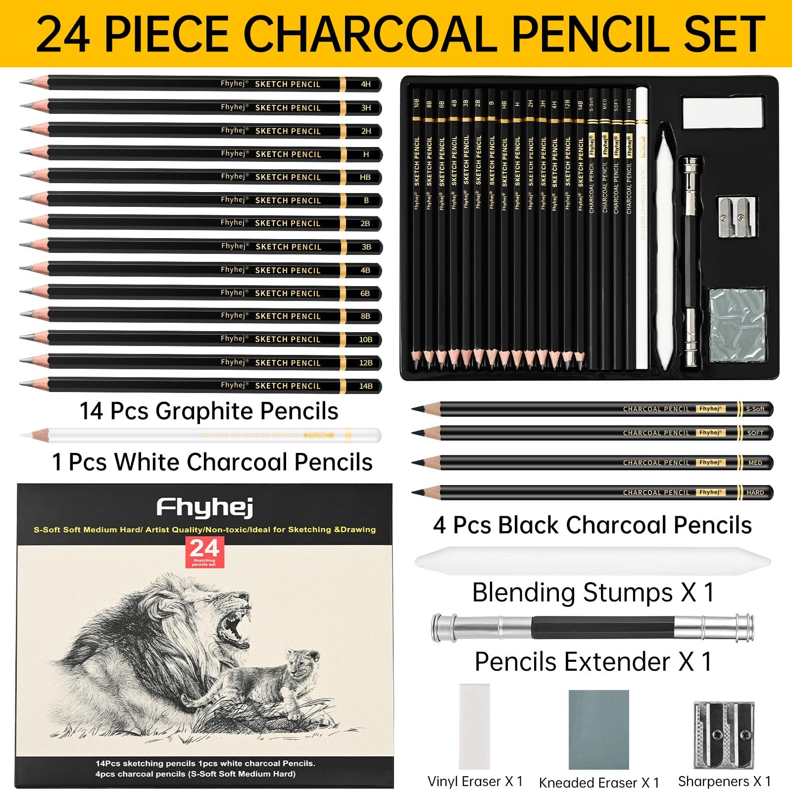 24-Piece Drawing Pencil Set – 14 Graphite Sketch Pencils (14B-4H), 4 Black