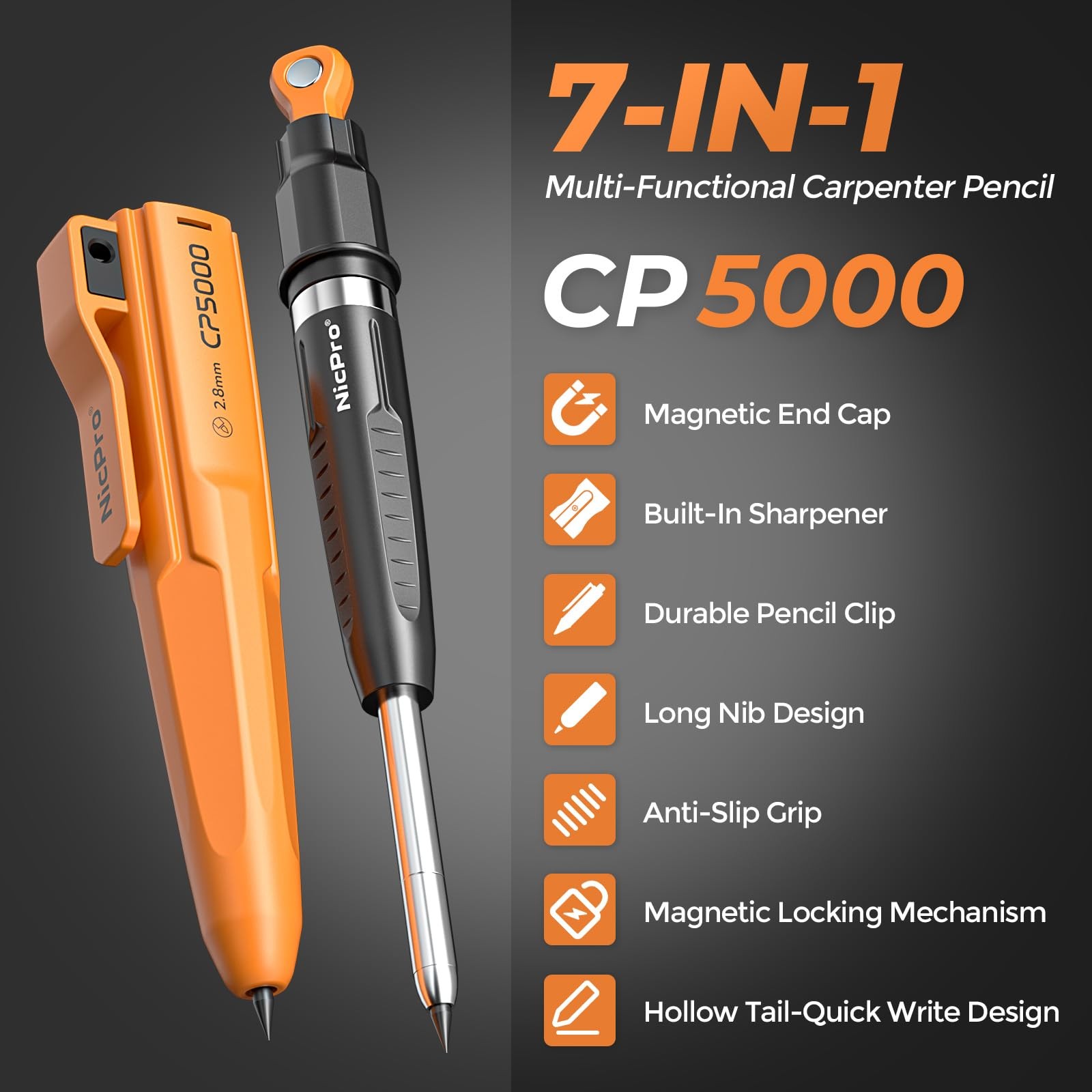 Nicpro CP5000 Magnetic Carpenter Pencils with 1 Count (Pack of 3), Orange