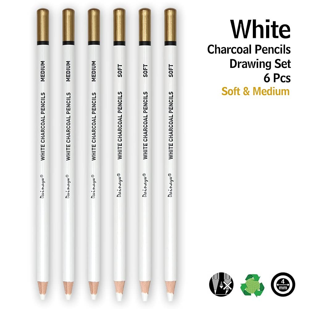 dainayw 6 Pcs White Charcoal Pencils Drawing Set, 1 Count (Pack of 6),