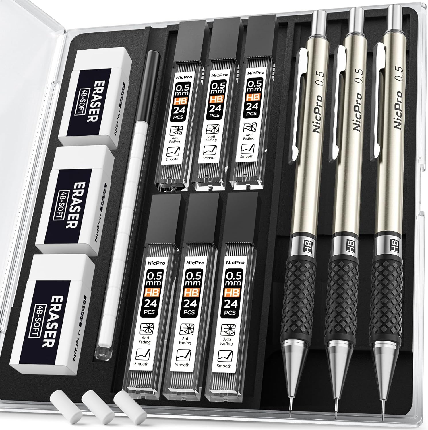 0.5 Mm Art Mechanical Pencil Set in Storage Case, 3 PCS Metal Drafting Pencil Le