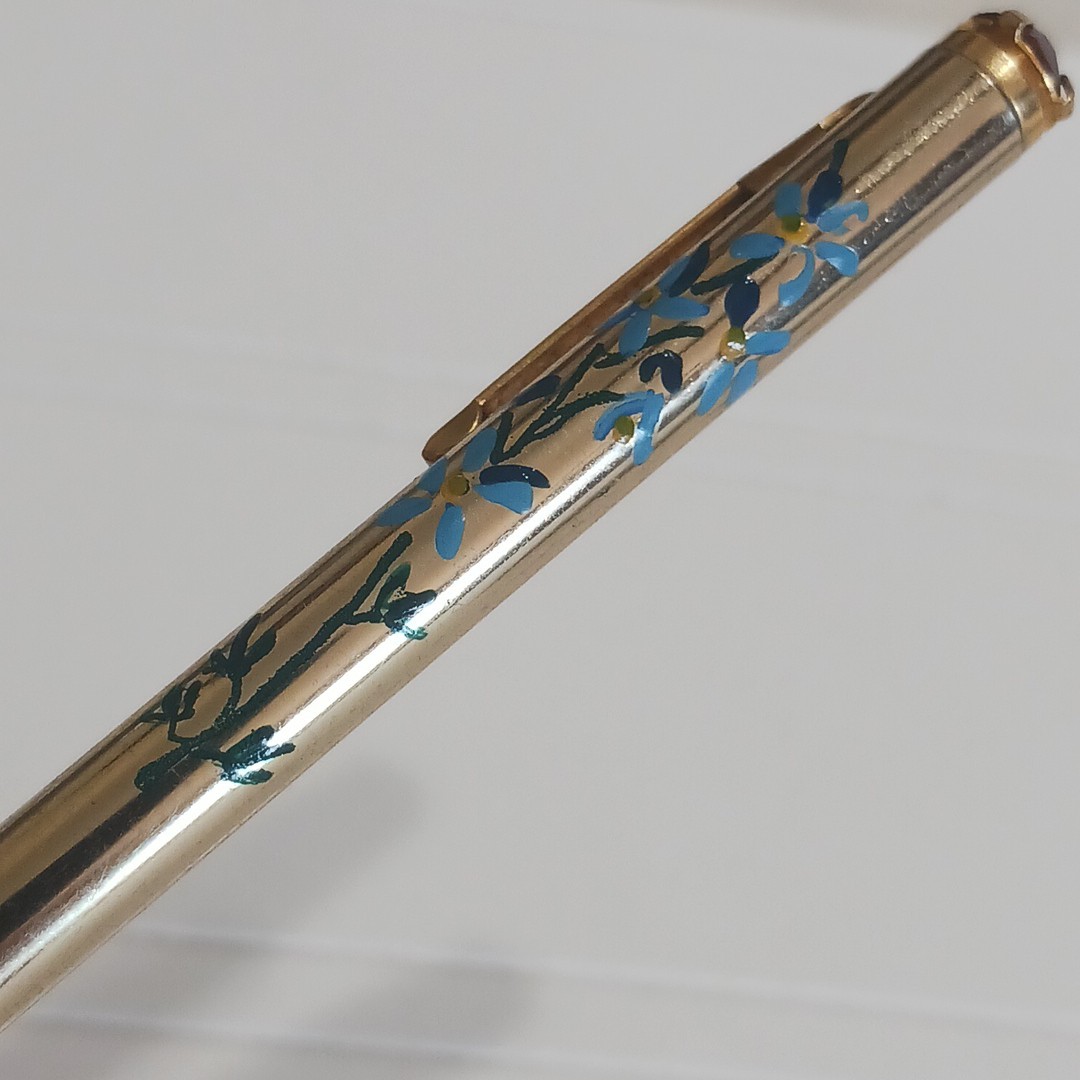 Vtg Pencil Glass Ruby Birthstone Mechanical 3¾” Hand Painted Floral by Mascot