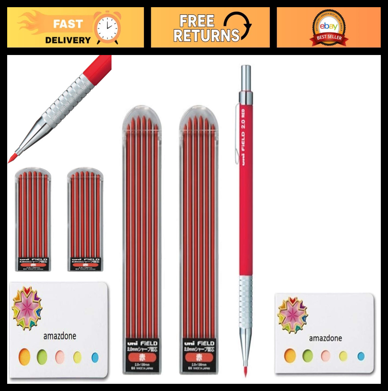 2.0mm Mechanical Pencil Set with Red Lead, 2 Replacement Wicks & Sticky Notes