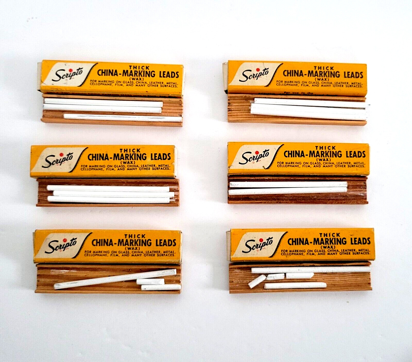 Lot Of 6 Vintage Scripto China Marking Leads, White Wax, Partial Boxes, USA
