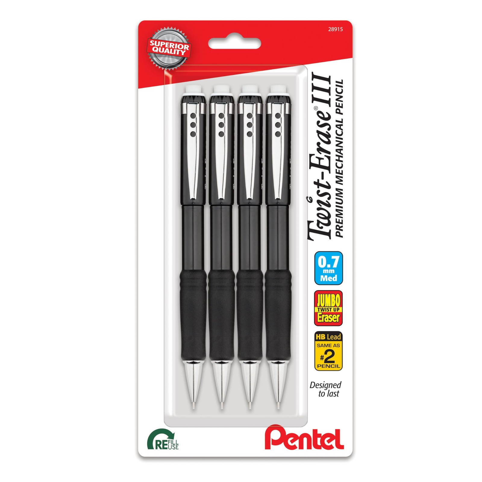 Pentel Twist-Erase III Mechanical Pencil, (0.5mm), 4 Count (Pack of 1), Black