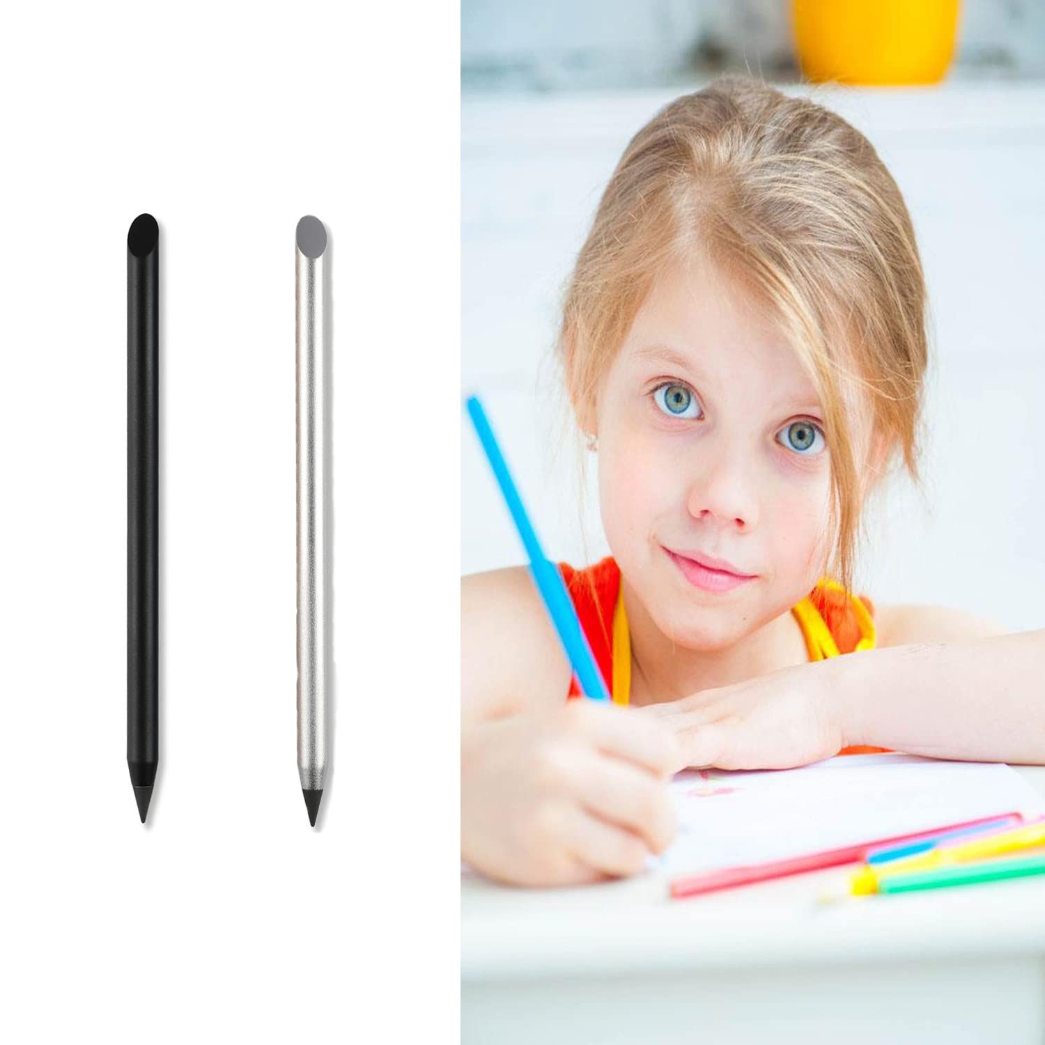 2Pcs Metal Inkless Pencil with BONUS 2 Replaceable Nibs, Metal Inkless Pen Eras