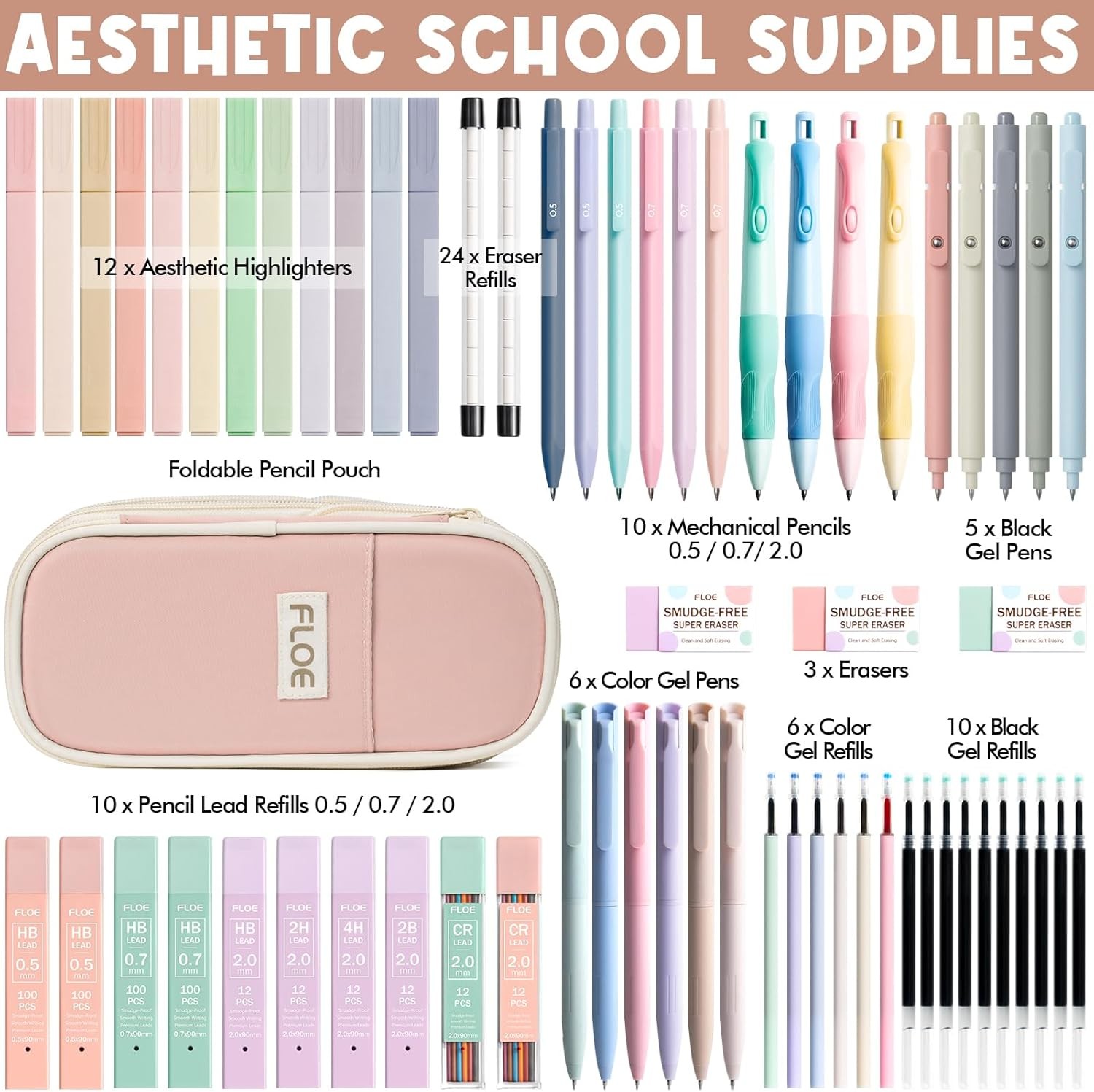 65PCS Aesthetic School Supplies with Cute Pencil 1 Count (Pack of 65), Pink