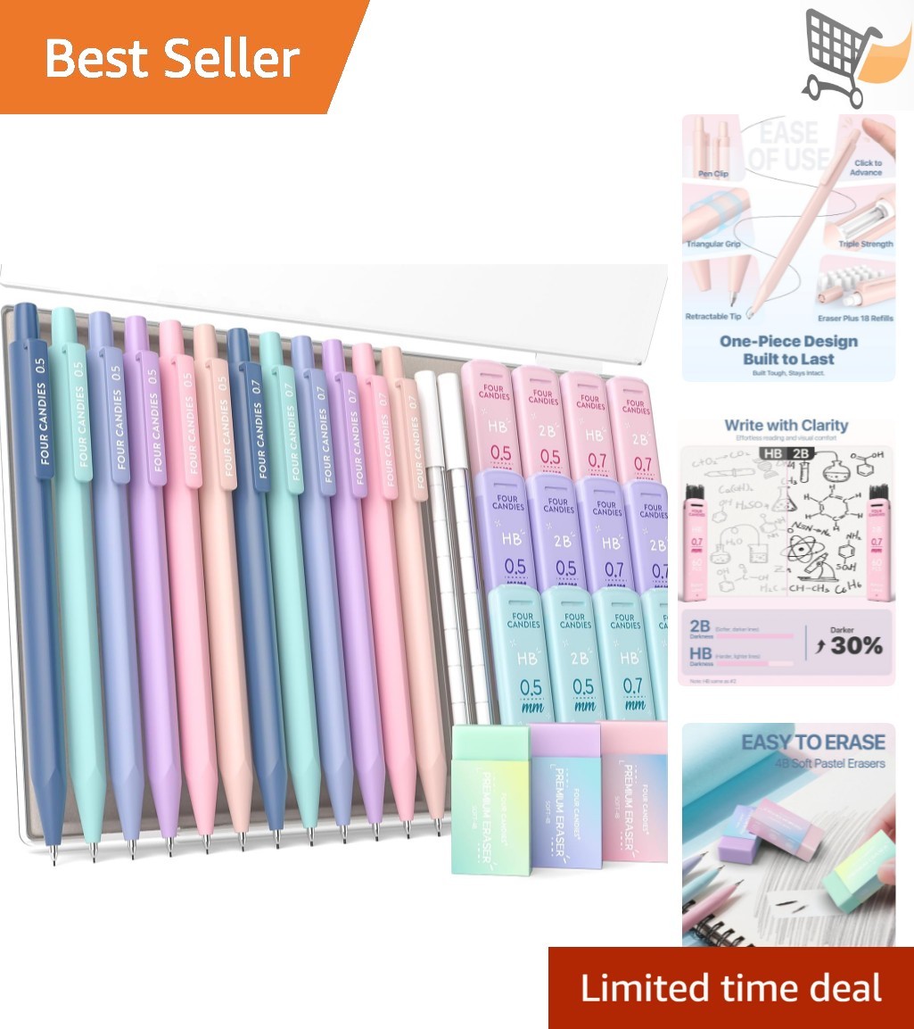 Mechanical Pencil Set 0.5 & 0.7mm Leads Erasers Case School Supplies