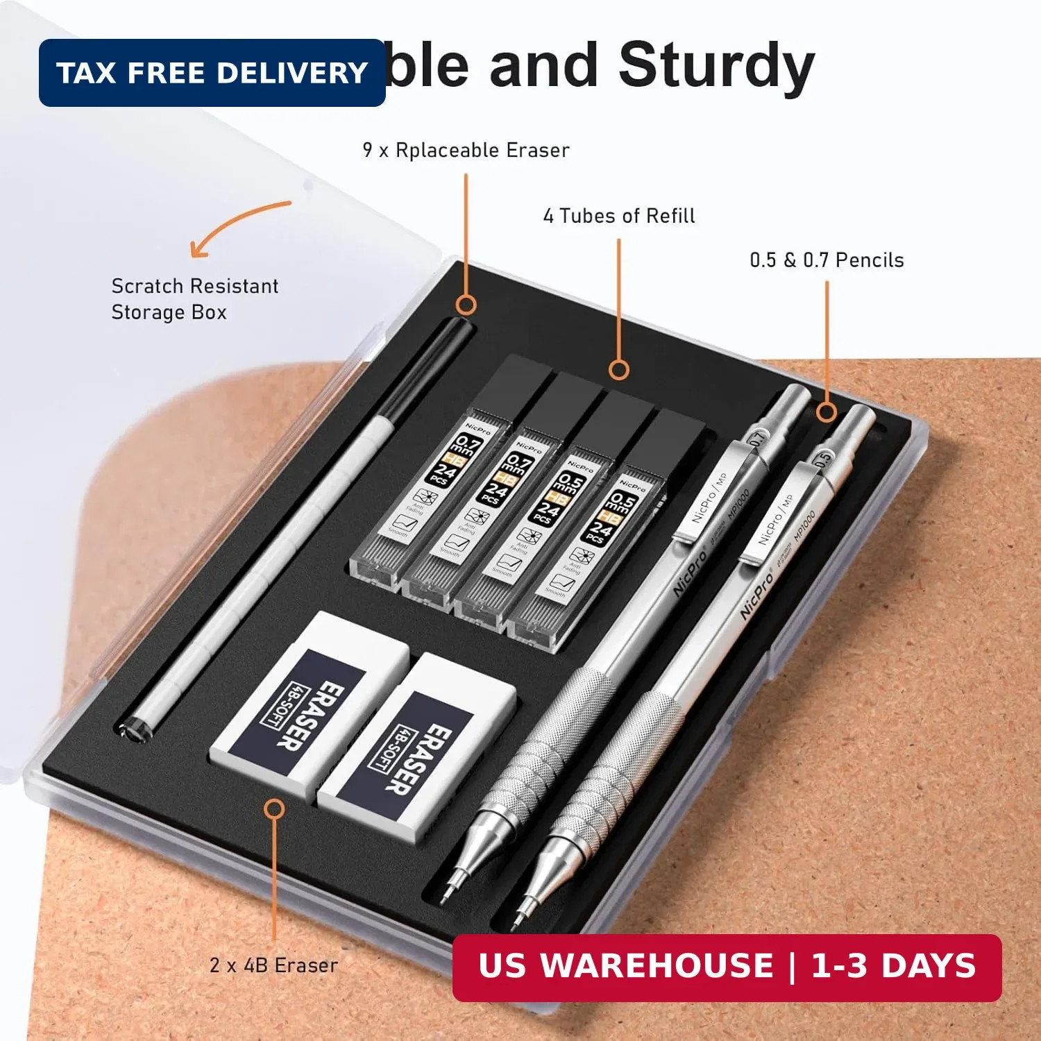 Nicpro 2 PCS Metal Mechanical Pencil 0.5mm & 0.7 mm with Case, MP1000 Pencil Set