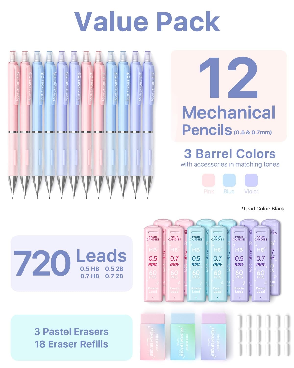 Pastel Mechanical Pencil Set with 0.5 & 0.7mm Lead Refills HB & 2B Cute Erase…