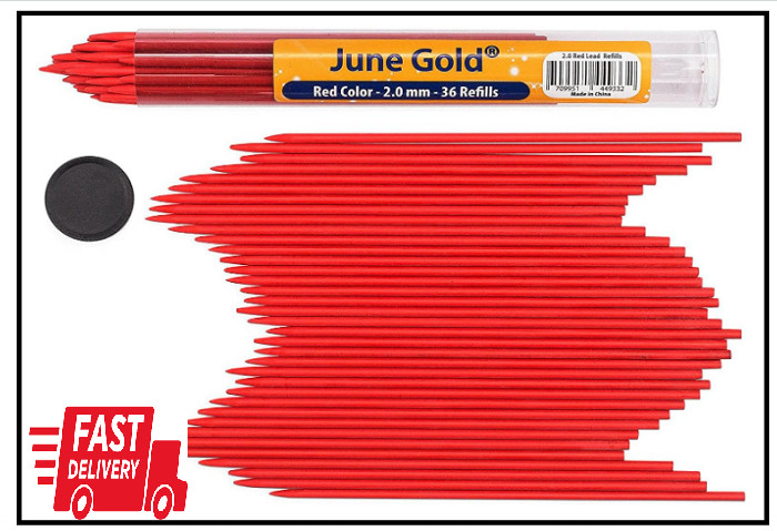 36 Red Colored 2.0 mm Lead Refills, Bold Thickness for Heavy Use Break Resistant