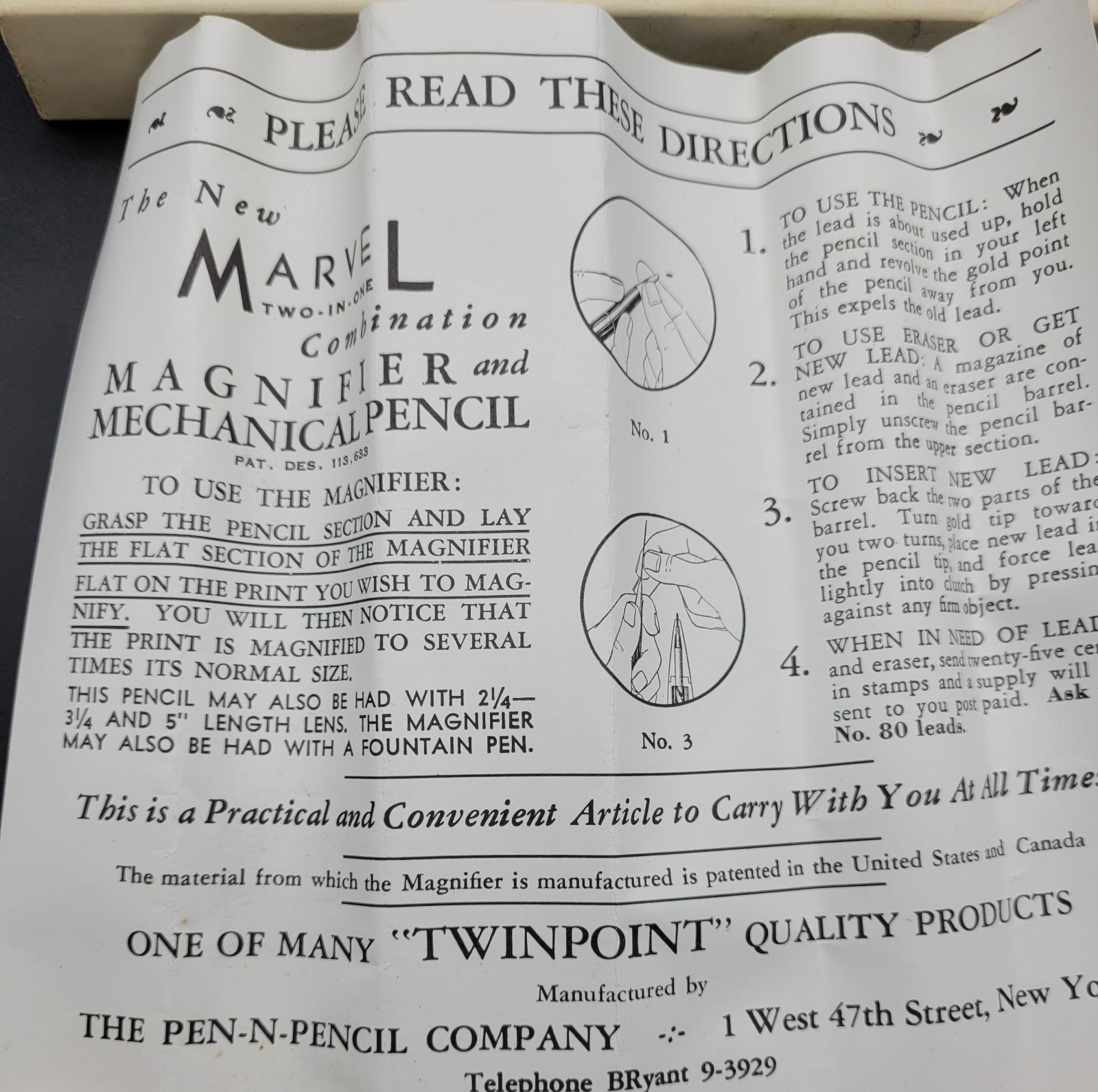New Old Stock Vintage Pencil Pen-N-Pencil Company Red White Blue Magnifying wBox