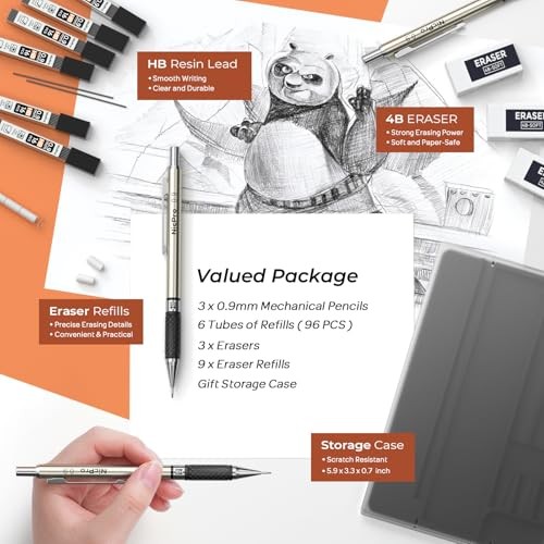 0.9 mm Art Mechanical Pencil Set in Storage Case, 3 PCS Metal 3 Pack (0.9mm)