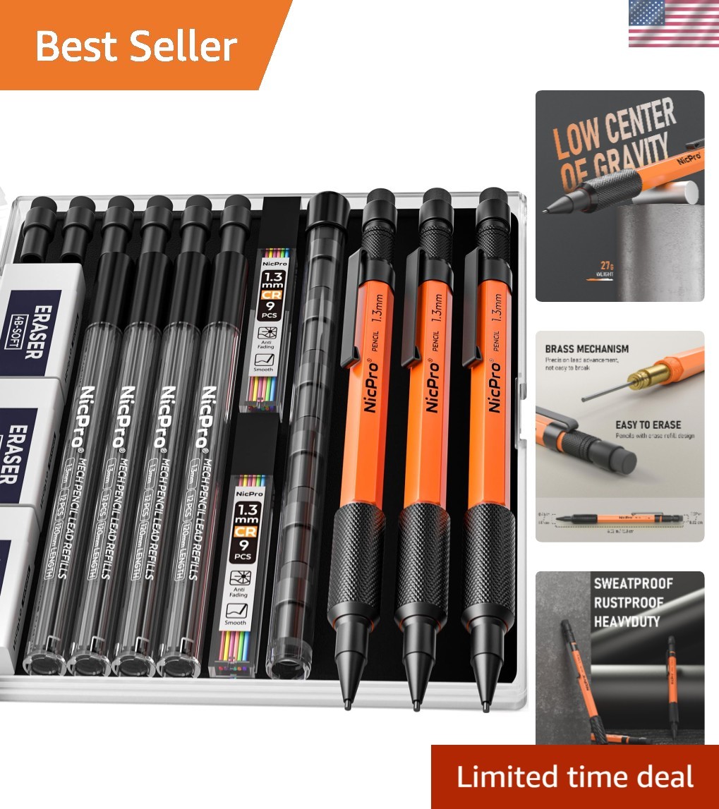 3 PCS Retractable Orange Mechanical Pencils Set with 66 Lead Refill & Erasers