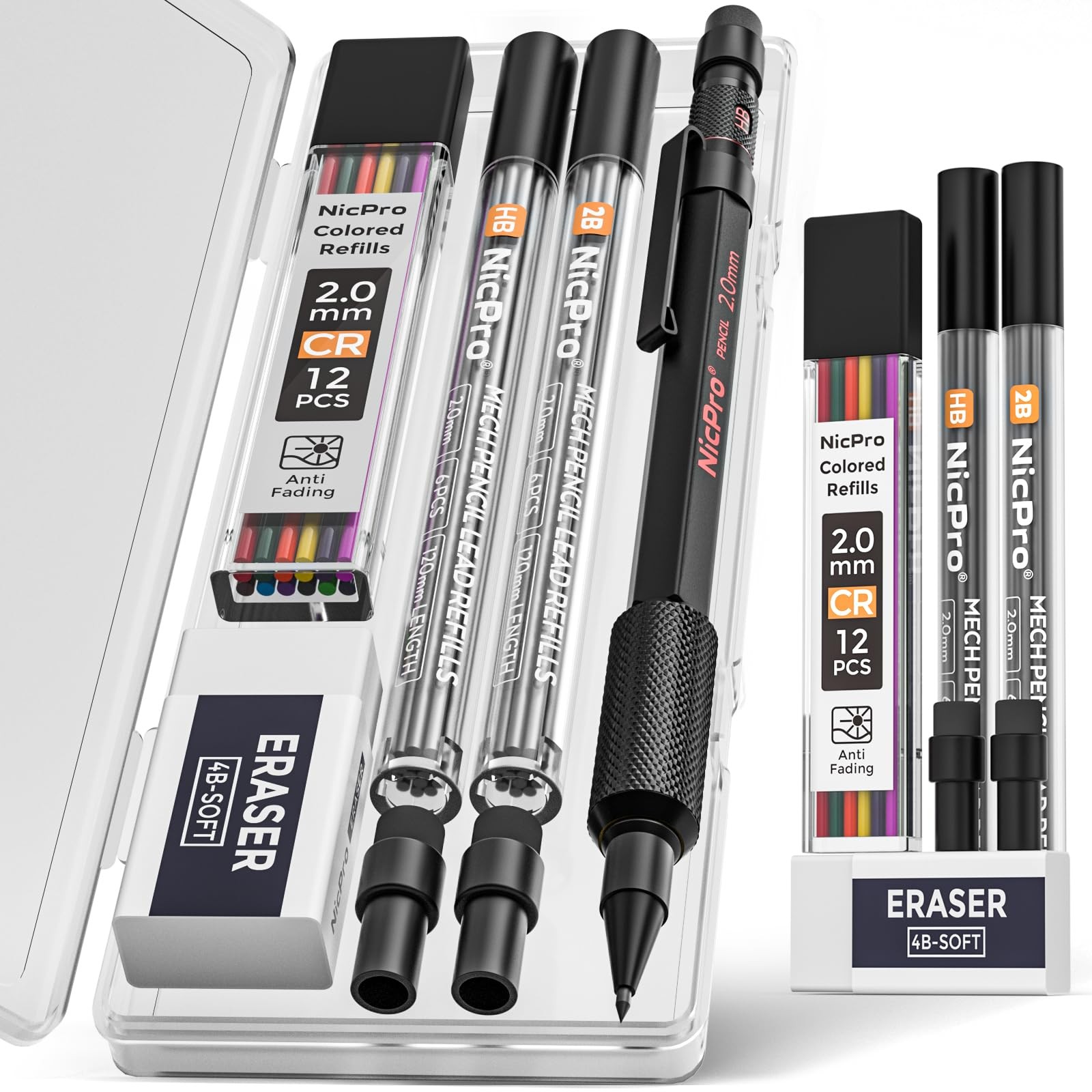 Nicpro 2mm Mechanical Pencils Set with Case, 12 Black & Colored 1 Pack,