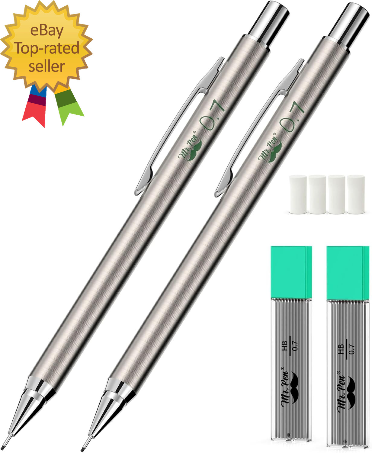 – Metal Mechanical Pencil Set with Lead Refills & Erasers, 2 Pack, 0.7Mm, 4X Tub