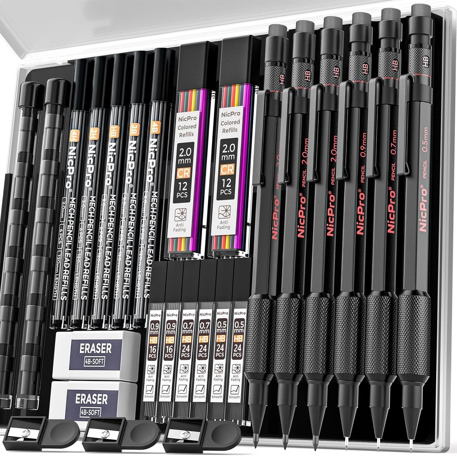 Nicpro Metal Mechanical Pencil Set, 3PCS Art Drafting Pencil 0.5, 0.7, 0.9MM & 2