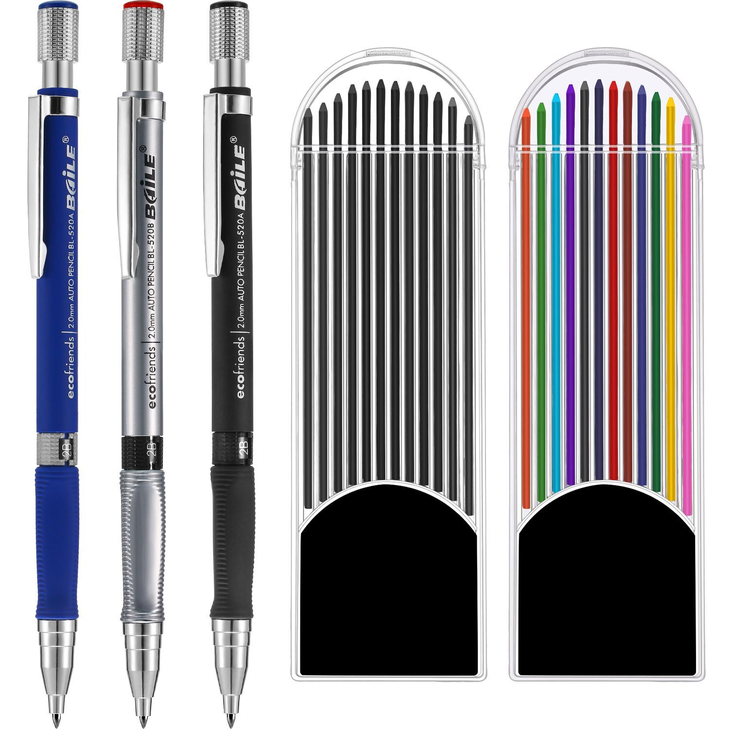 3 Pieces 2.0 mm Mechanical Pencil with 2 Cases Refills Color and Black Refill…