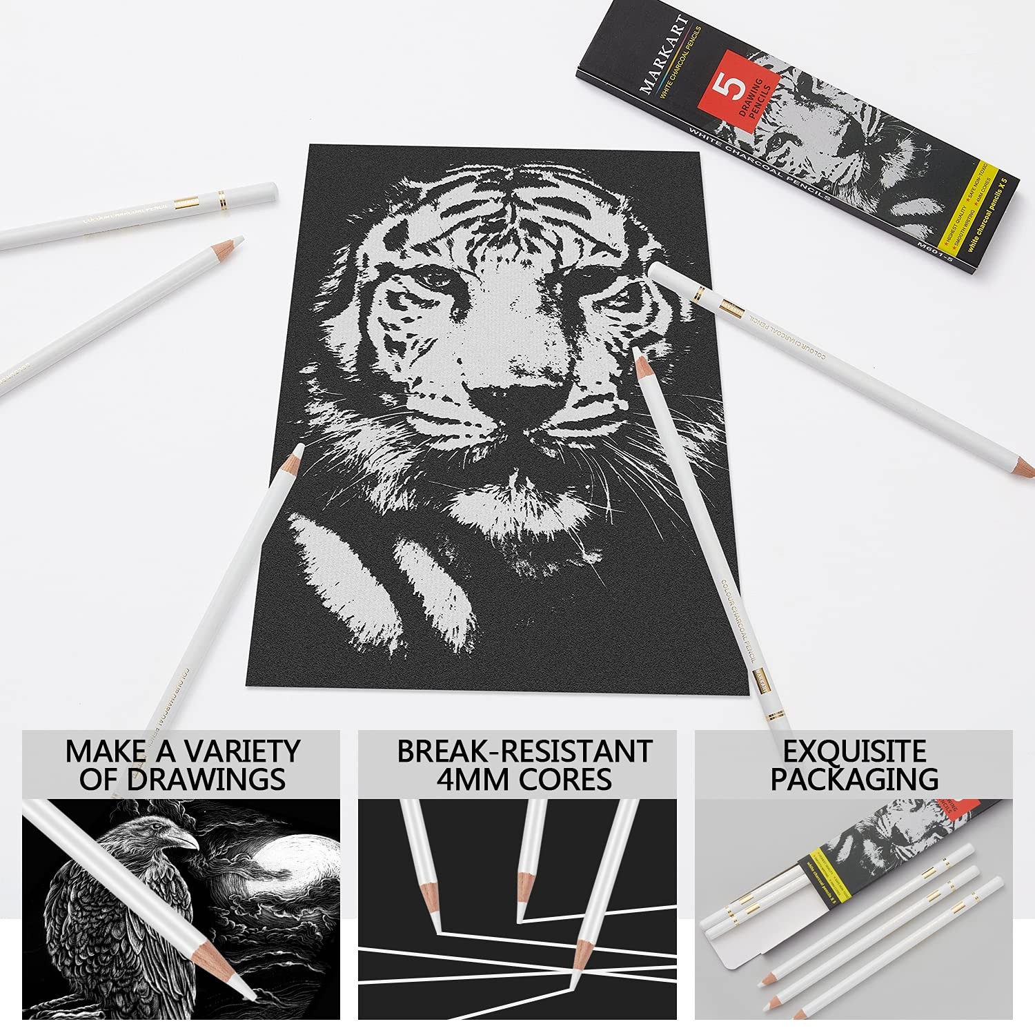 MARKART Professional White Charcoal Pencils Set, 5 5 Count (Pack of 1),