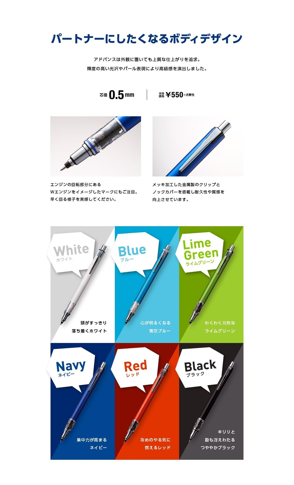 Uni Mechanical Pencil Value Set 3 Pack Blue Black Red 0.5mm Kurutoga Advance