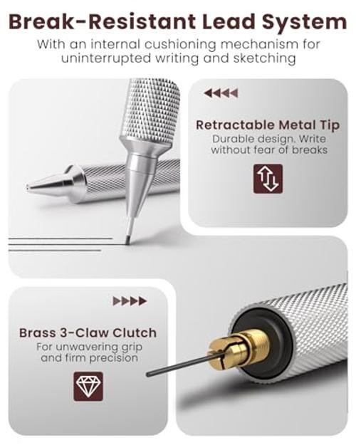 0.9mm Mechanical Pencil, Metal Art & Drafting Pencil with Eraser and 40 Brown