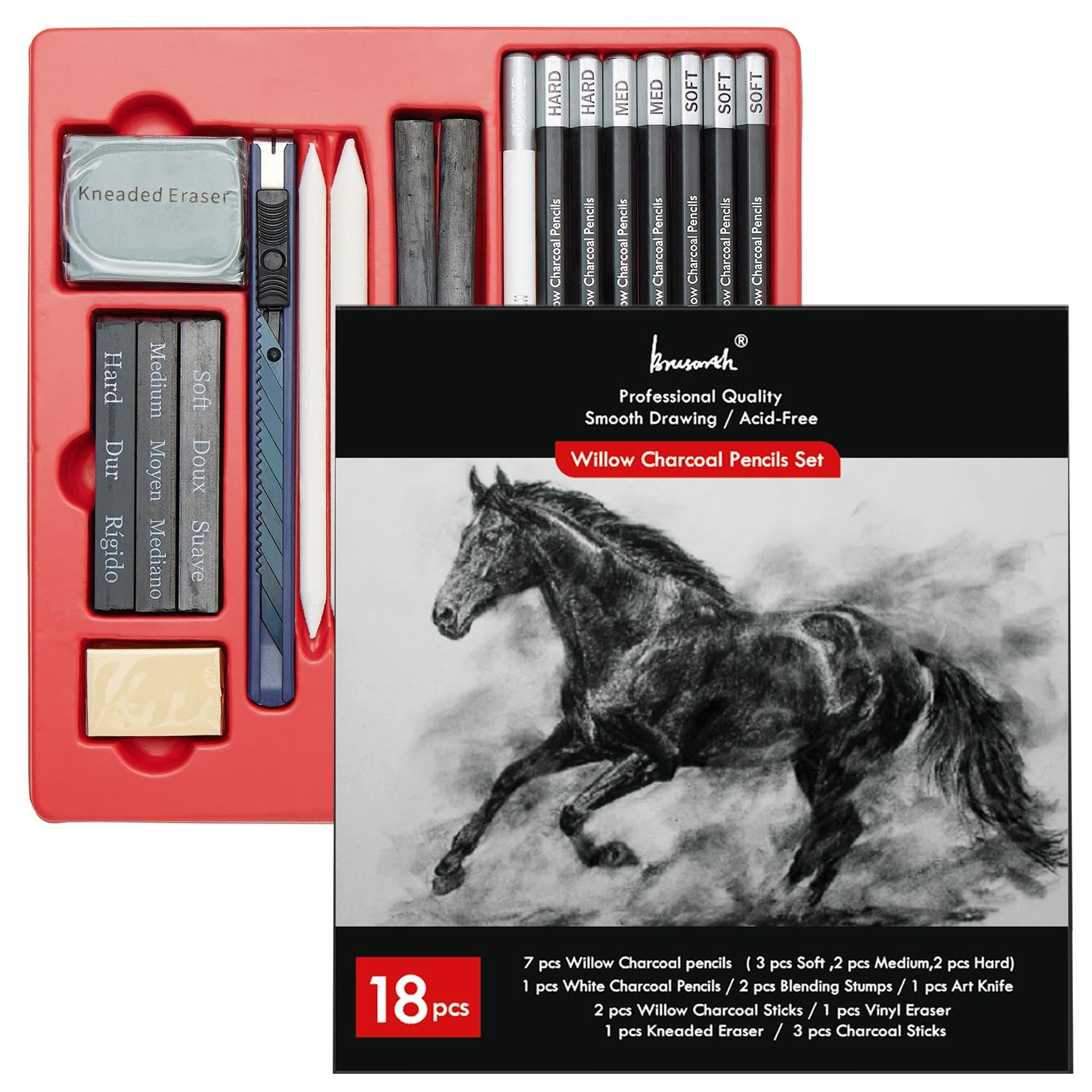 Brusarth Charcoal Pencils for Drawing, 18 Pcs Art Pencil Kit, Black,White