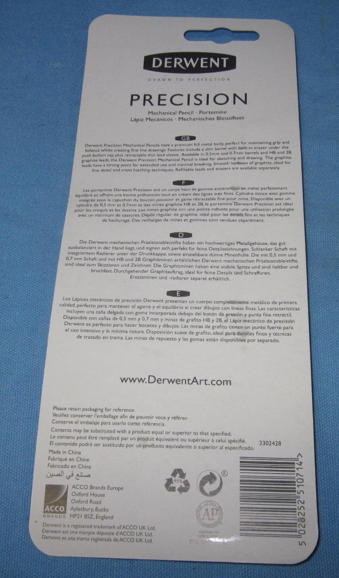 Derwent Precision Mechanical Pencil 0.5mm ~ One Pencil 15HB Leads, 3 Erasers