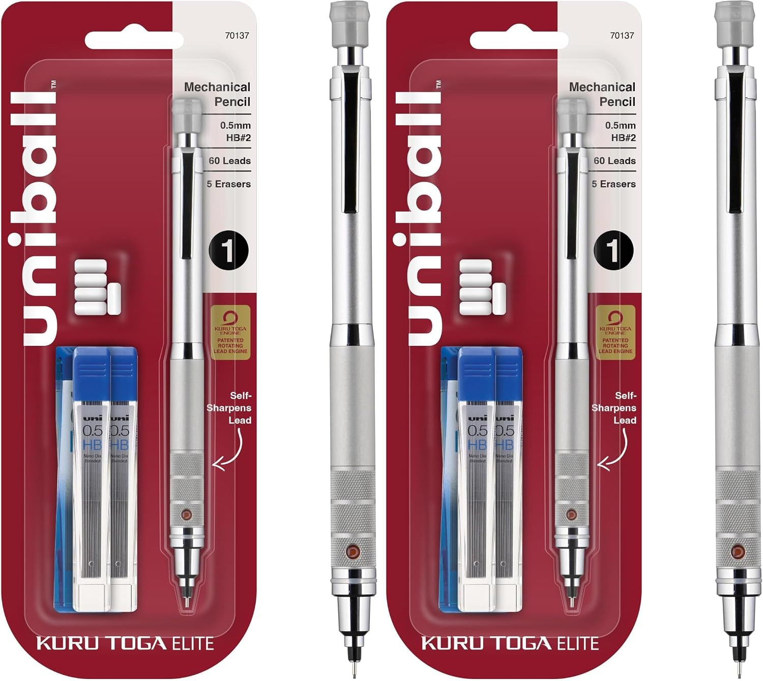 UNI Uniball Kuru Toga Elite Mechanical Pencil Starter ,0.5Mm,Hb #2,Silver Barrel