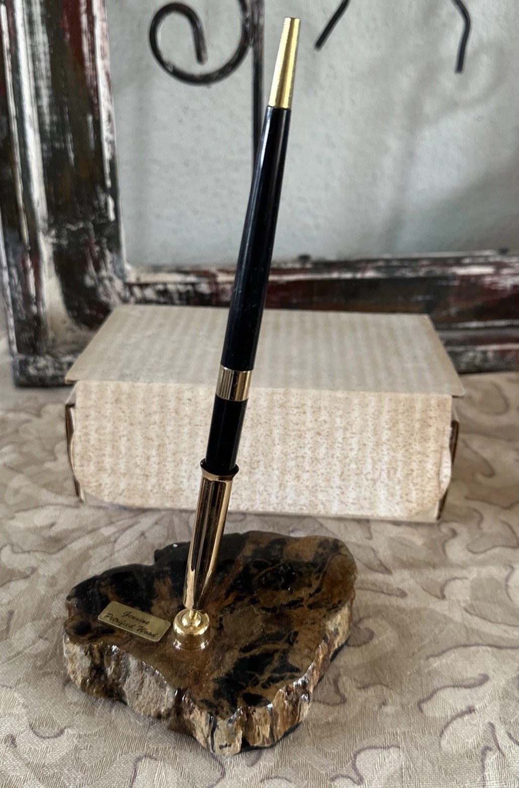 Vintage Pen Rest Holder Petrified WOOD Onyx Paperweight W/Pen Desk Set