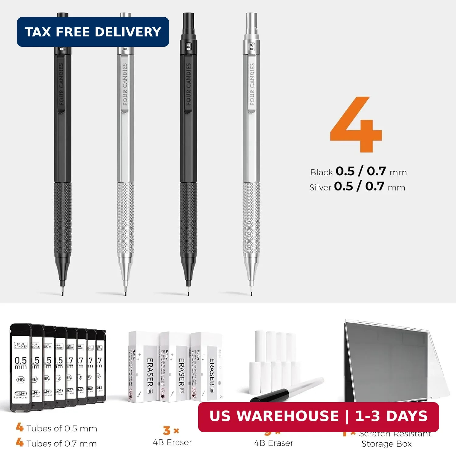 Four Candies 4PCS 0.5mm & 0.7 mm Metal Mechanical Pencils Set, 480PCS Lead Refil