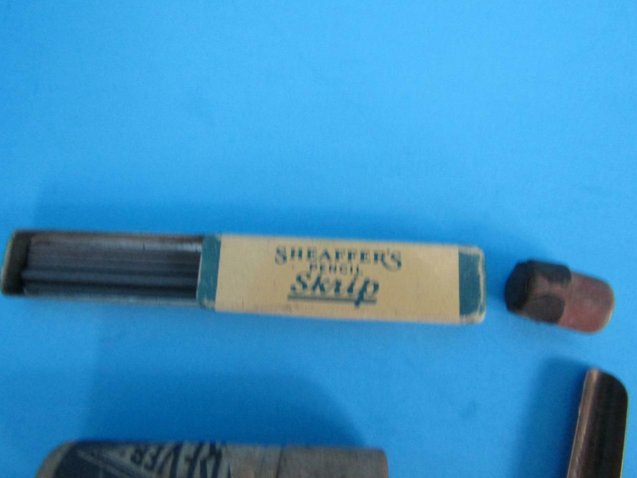 VINTAGE PENCIL LEAD IN WOOD CONTAINER + SCHAEFFERS SCRIPT LEAD IN TIN