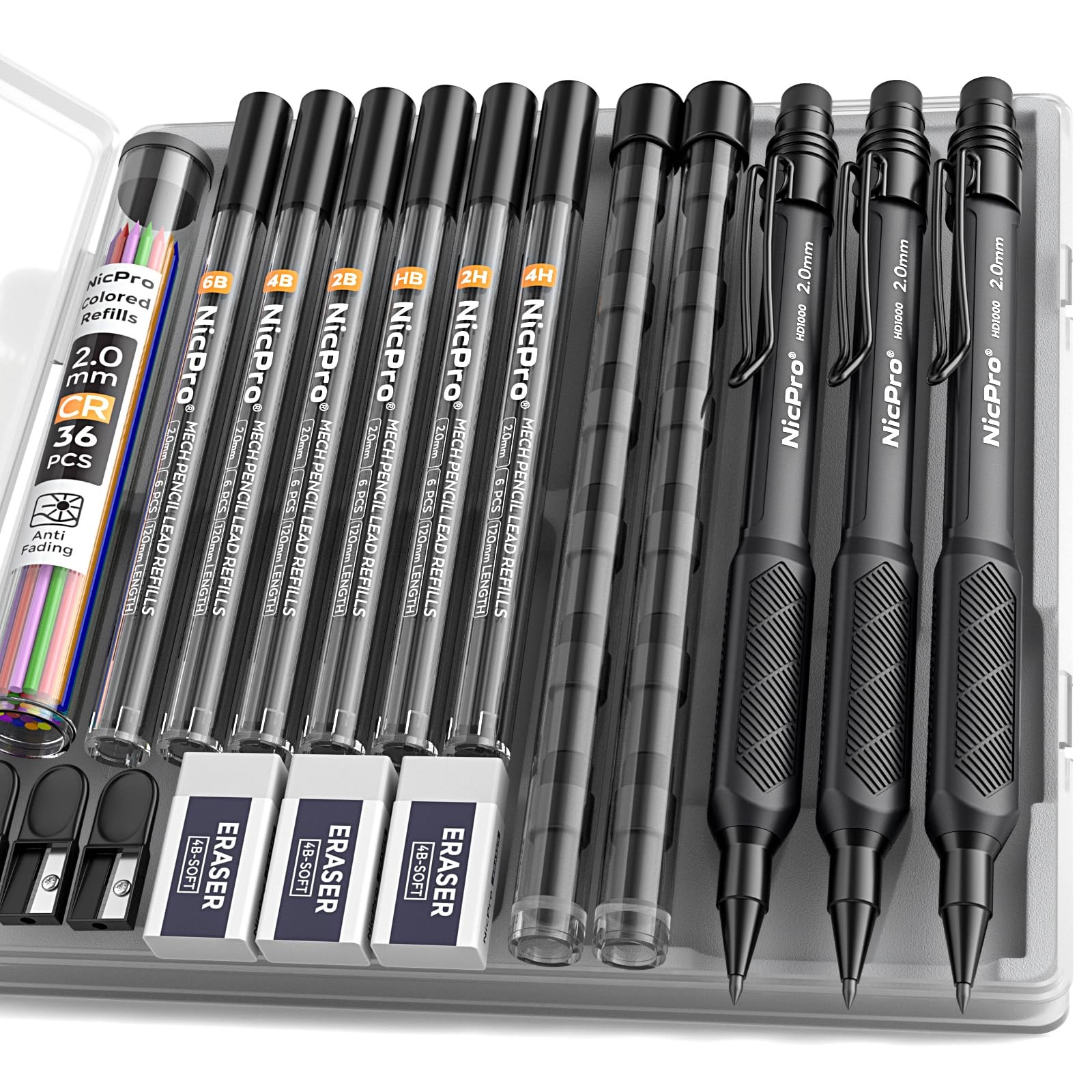 Nicpro 2.0 mm Mechanical Pencil Set, 3PCS Artist Lead 2.0mm, Black