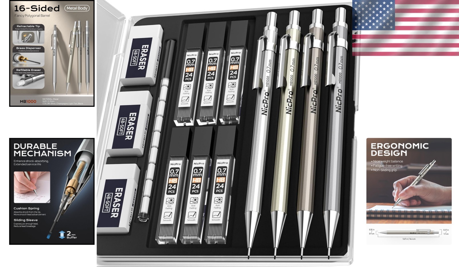 4 Pack Mechanical Pencil 0.7mm with Case, MB1000 Metal Mechanical Pencil Set wit
